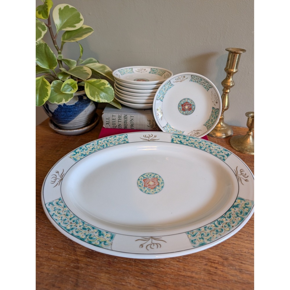 Vintage Japanese Mino Ware Yamani Porcelain Platter & 8 Mamezara Plates Set